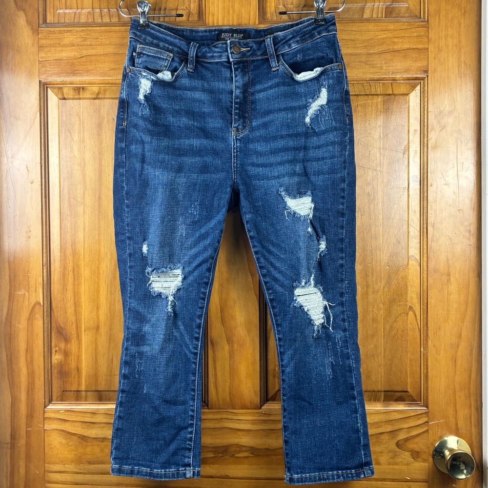 Judy Blue Distressed Capri Jeans Size 9/29 Dark Wash Denim JB882211 Stretch